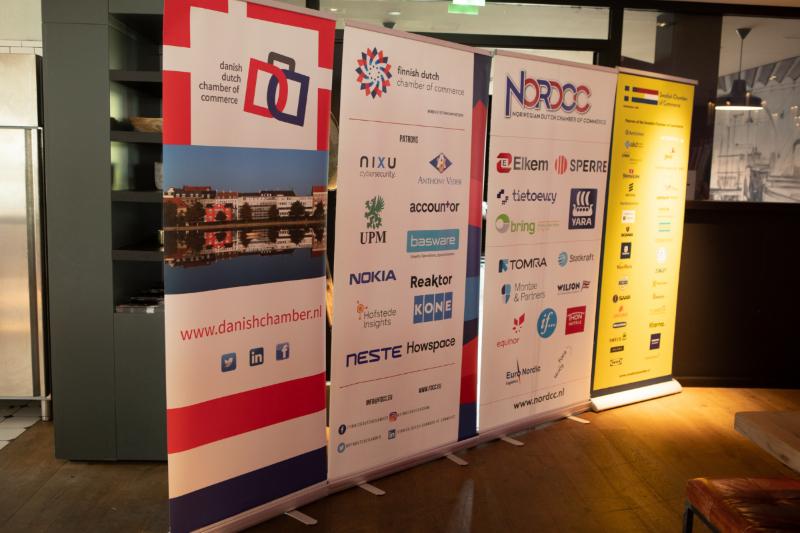 Roll-up banners of the Danish, Finnish, Norwegian and Swedish chambers at a joint event